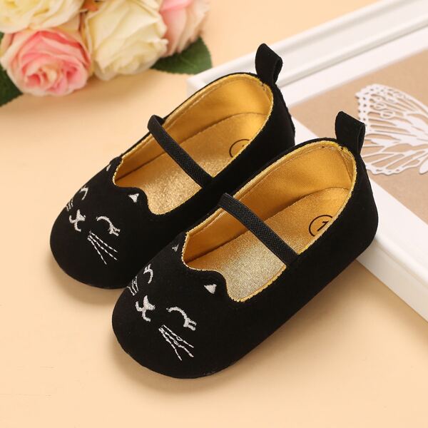 

Baby Girl Cat Embroidered Flats, Black