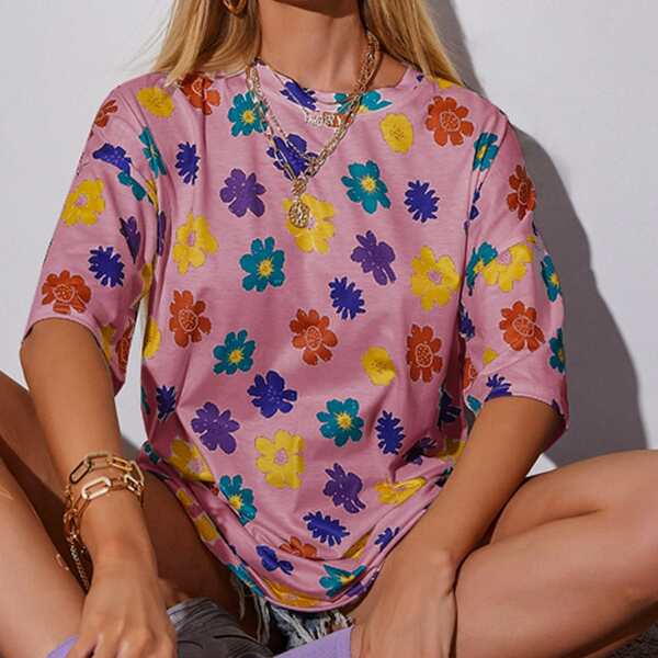 

Drop Shoulder Floral Print Longline Tee, Multicolor