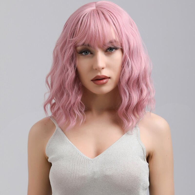 

Natural Curly Wig With Bangs, Pink