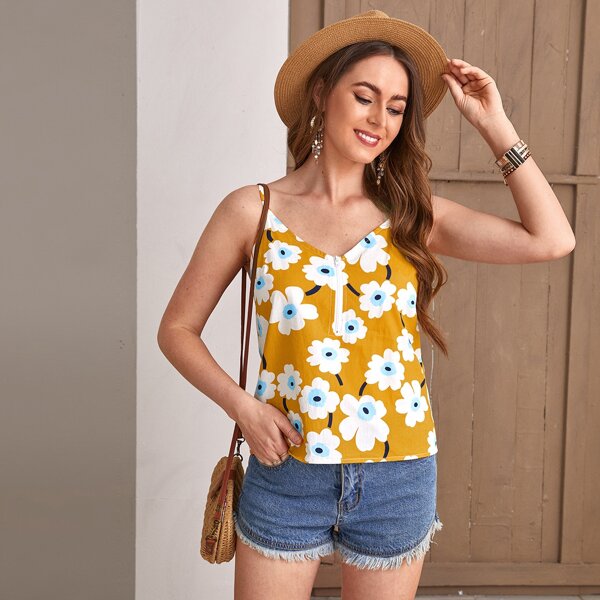 

Allover Floral Print Half Zipper Cami Top, Mustard yellow