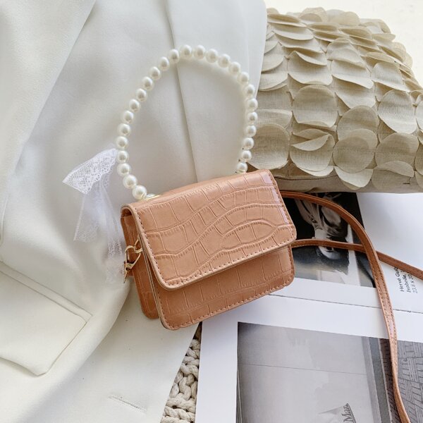 

Mini Faux Pearl Decor Croc Embossed Satchel Bag, Baby pink