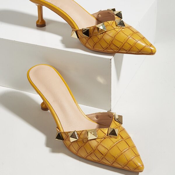 

Studded Decor Croc Embossed Point Toe Mules, Yellow