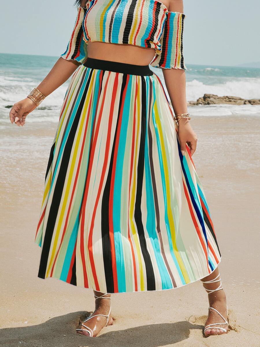 Plus Colorful Striped Pleated Skirt - Multicolor - View 1