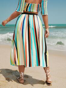 Plus Colorful Striped Pleated Skirt - Multicolor - View 2