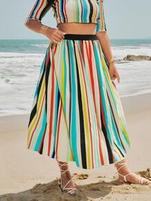 Plus Colorful Striped Pleated Skirt - Multicolor - View 3