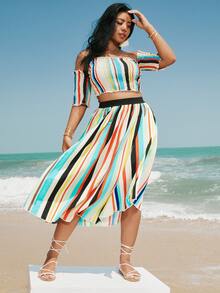 Plus Colorful Striped Pleated Skirt - Multicolor - View 4