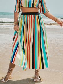 Plus Colorful Striped Pleated Skirt - Multicolor - View 5
