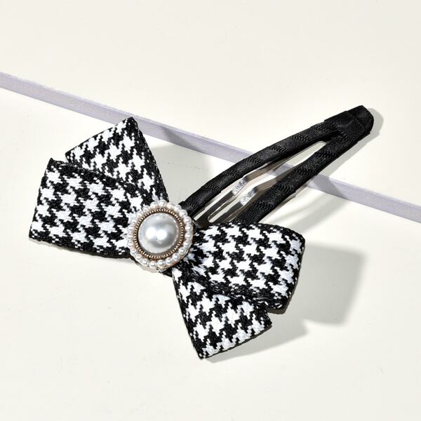 

Houndstooth Bow Decor Hair Clip, Black and white