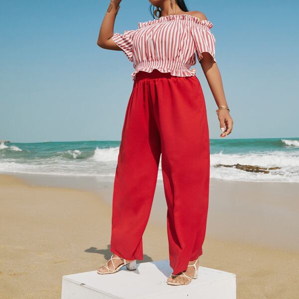 

Plus Striped Frill Trim Bardot Top & Pants, Red and white