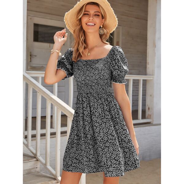 

Square Neck Shirred Bodice Ditsy Floral Dress, Black