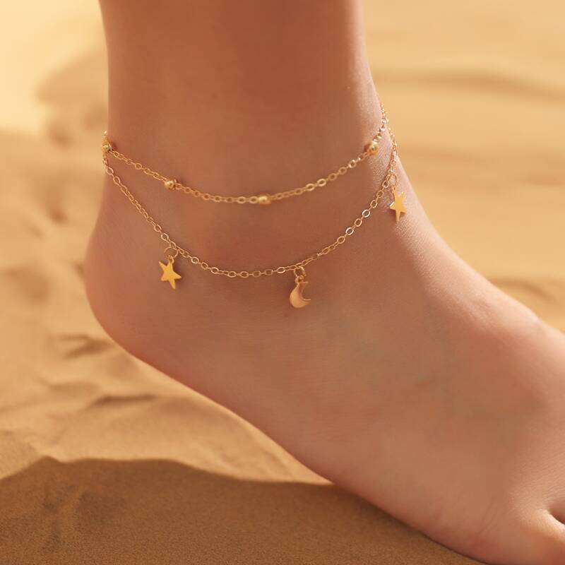 

Star & Moon Layered Anklet, Gold
