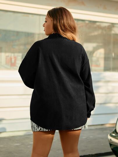 EMERY ROSE Plus Drop Shoulder Flap Pocket Corduroy Jacket, For Winter Fall Cloth For Women Autumn