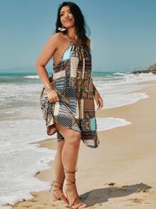 SHEIN Holidaya Vestido de tirantes paisley con con estampado de retazo - Azul menta - Ver 2