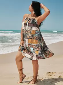 SHEIN Holidaya Vestido de tirantes paisley con con estampado de retazo - Azul menta - Ver 4