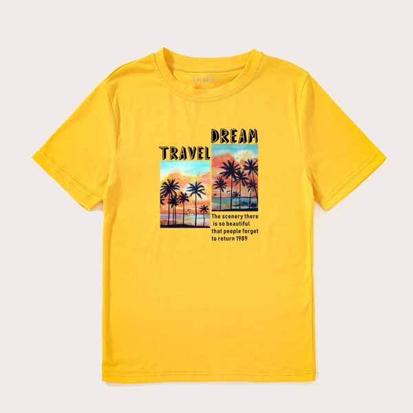 

Tropical & Slogan Graphic Tee, Yellow