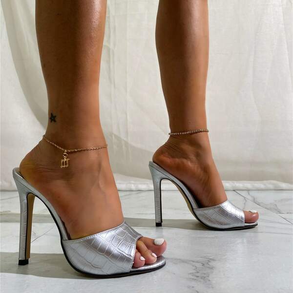 

Metallic Croc Embossed Stiletto Heeled Mule Sandals, Silver
