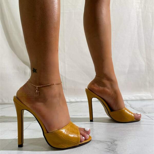 

Croc Embossed Stiletto Heeled Mule Sandals, Yellow
