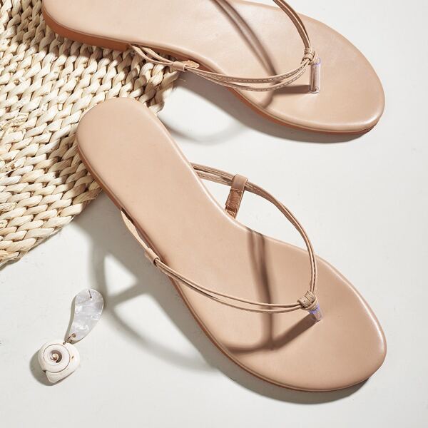 

Thin Strap Flat Thong Sandals, Apricot
