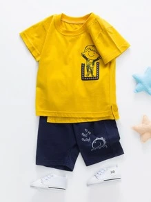 YINGZIFANG Toddler Boys Letter & Cartoon Graphic Tee and Shorts Set - Multicolor - View 1