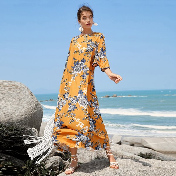 

Contrast Tape Cuff Floral Print Dress, Multicolor