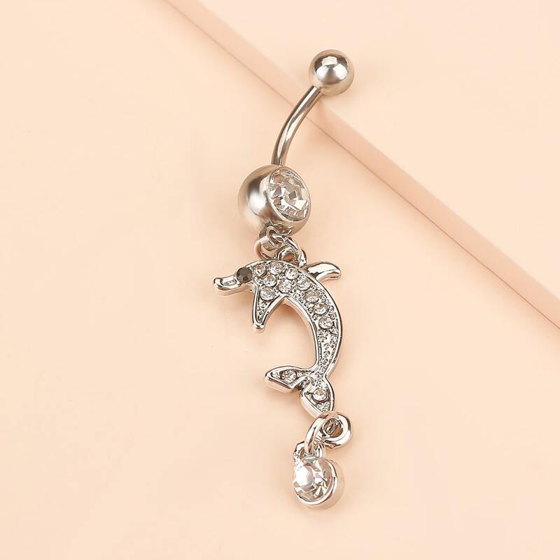 

Rhinestone Decor Dolphin Design Belly Ring, Silver
