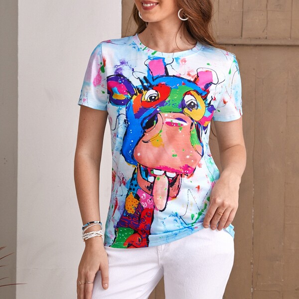 

Tie Dye & Cartoon Graphic Tee, Multicolor