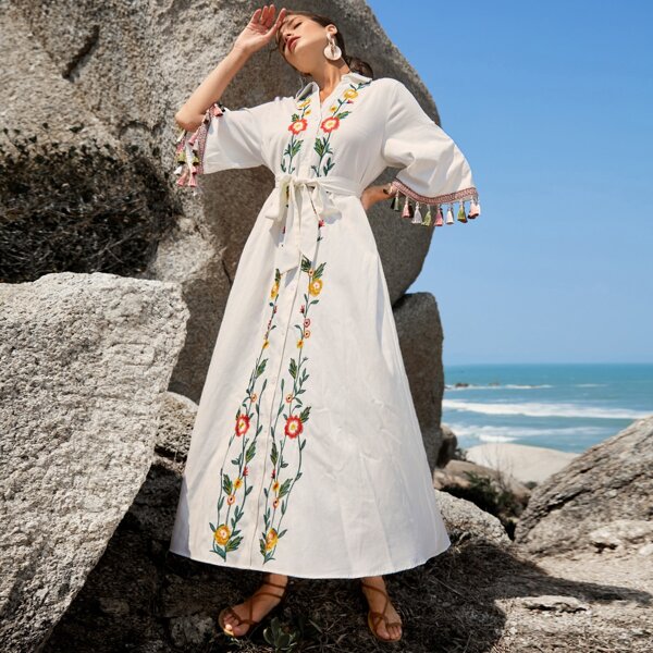 

Tassel Cuff Floral Embroidered Belted Shirt Dress, White