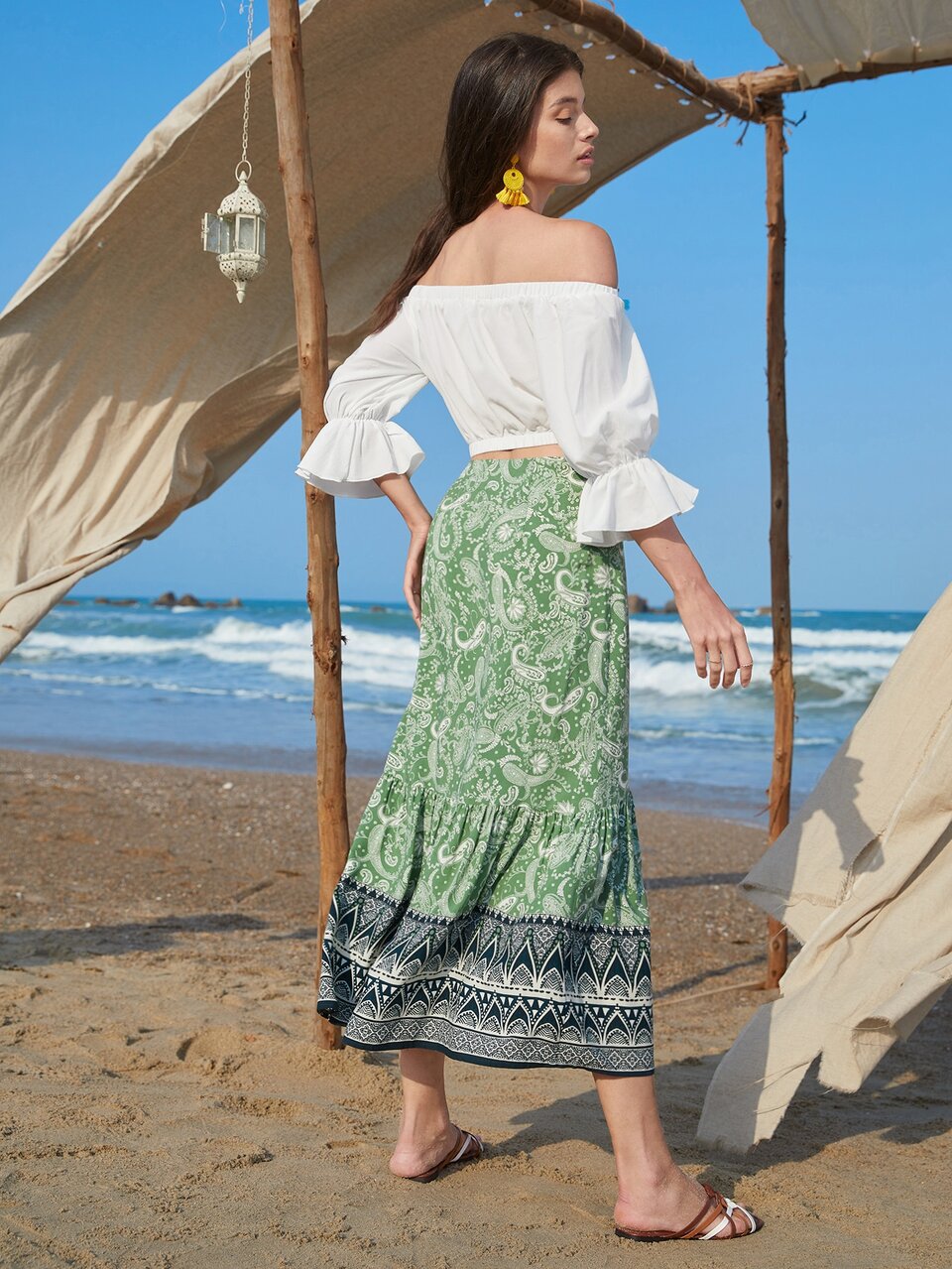 Tassel Trim Bell Sleeve Bardot Top & Ruffle Hem Paisley Skirt Set