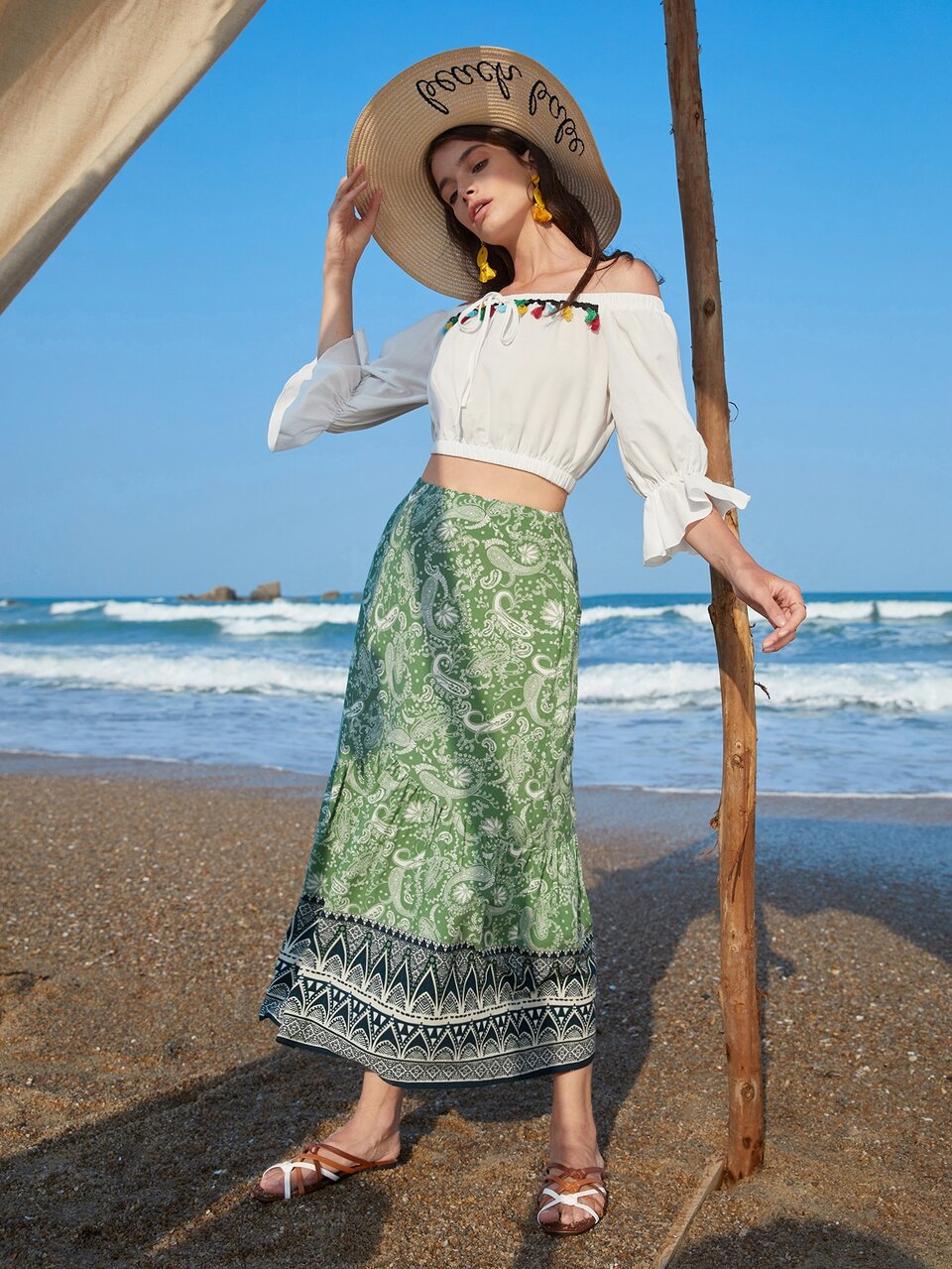 Tassel Trim Bell Sleeve Bardot Top & Ruffle Hem Paisley Skirt Set