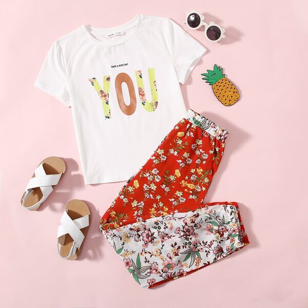 

Girls Floral and Slogan Graphic Top & Pants Set, Multicolor