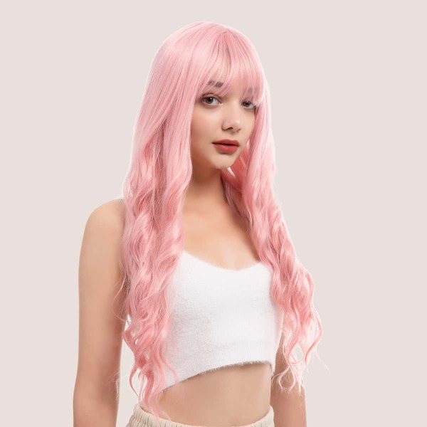 

Natural Long Curly Wig With Bangs, Pink