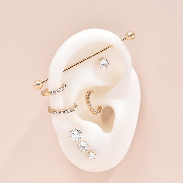 

8pcs Rhinestone Decor Earrings, Gold