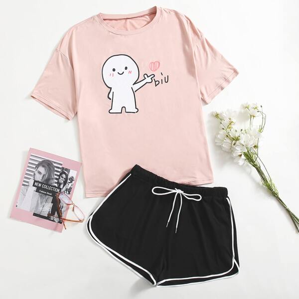 

Plus Cartoon Graphic Tee & Contrast Binding Track Shorts, Multicolor