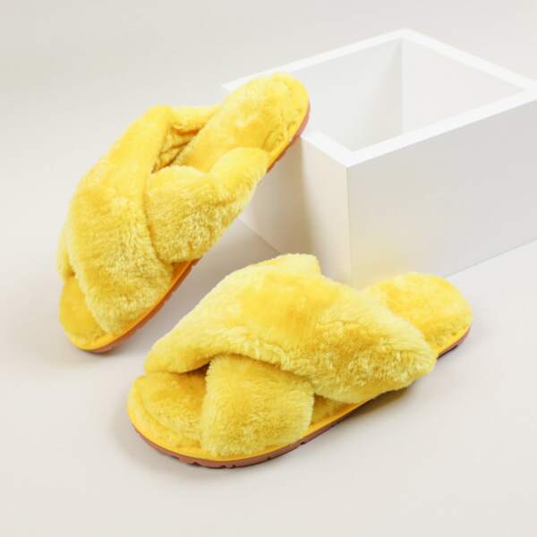 

Minimalist Cross Strap Fluffy Slippers, Yellow