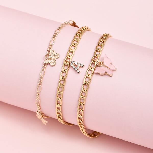 

3pcs Girls Butterfly Charm Anklet, Gold