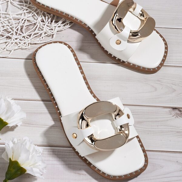 

Metal Decor Slide Sandals, White