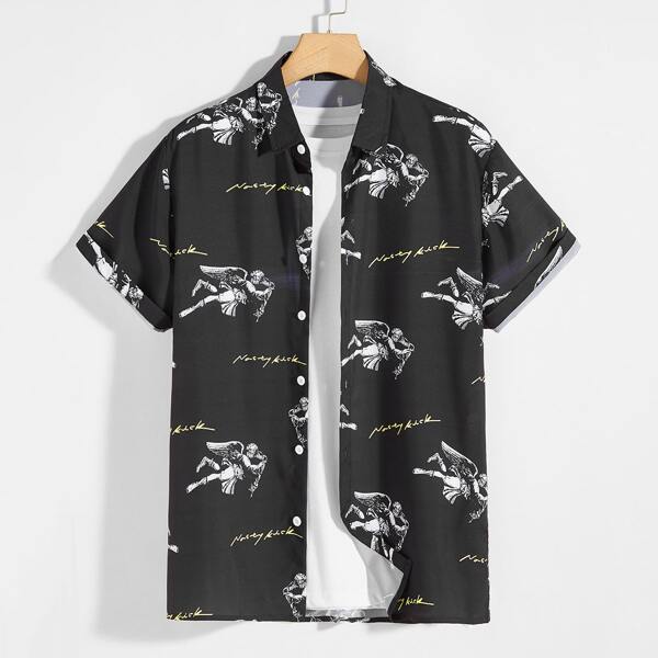 

Men 1pc Angel & Letter Graphic Shirt, Black