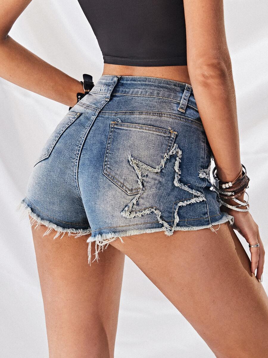 SHEIN Shorts en mezclilla con botón bajo crudo con patrón de estrella - Azul lavado medio - Ver 1