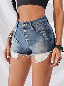 SHEIN Shorts en mezclilla con botón bajo crudo con patrón de estrella - Azul lavado medio - Ver 5
