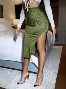 SHEIN Privé Party Solid Ruched Split Thigh Skirt - Olive Green - View 4