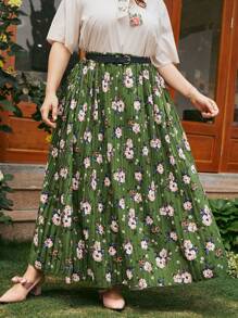 Plus Allover Floral Pleated  Skirt Without Belt - Green - View 3