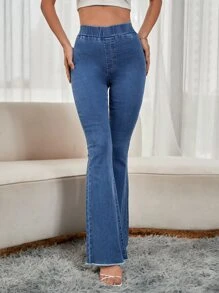 SHEIN Frenchy Elastic Waist Raw Hem Flare Leg Jeans - Medium Wash - View 3