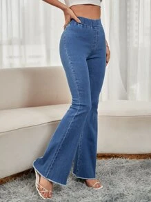 SHEIN Frenchy Elastic Waist Raw Hem Flare Leg Jeans - Medium Wash - View 4