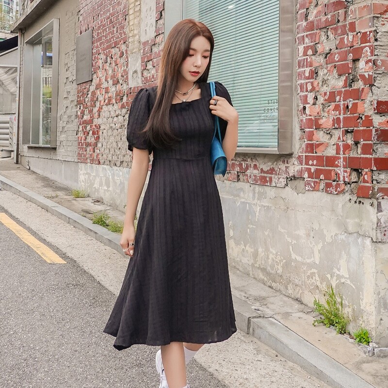 

Square Neck Tie Back Puff Sleeve Dress, Black