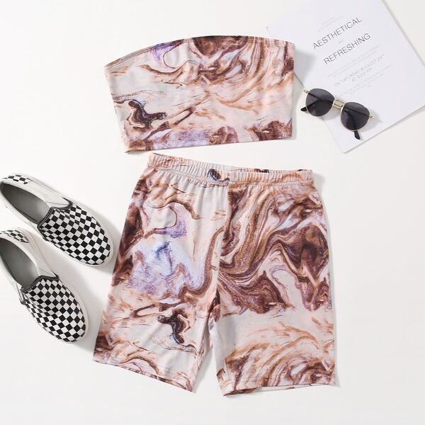 

Marbled Print Tube Top & Biker Shorts Set, Multicolor