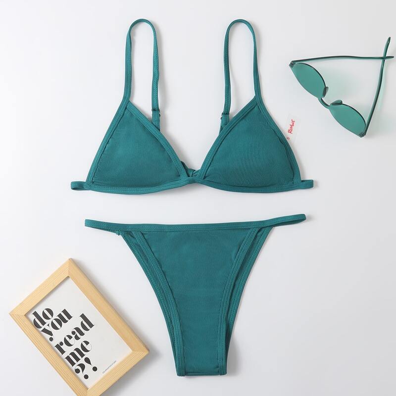 

Ribbed Triangle Tanga Bikini Swimsuit, Teal blue