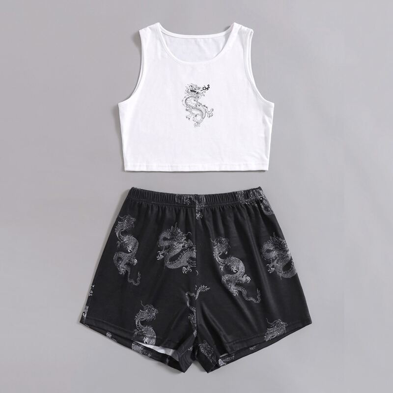 

Chinese Dragon Graphic Tank Top & Shorts, Black and white
