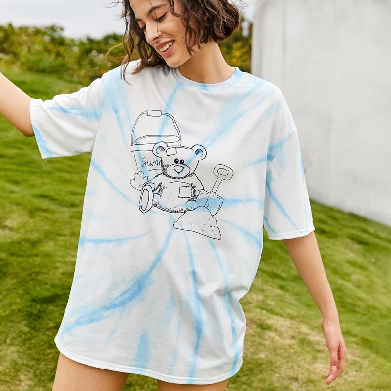 

Cartoon Bear Graphic Tie Dye Oversized Tee, Blue and white