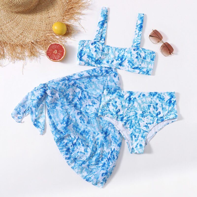 

3pack Tie Dye Bikini Swimsuit & Cover Up Skirt, Blue
