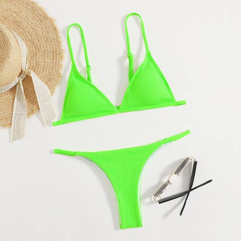 

Ribbed Triangle Thong Bikini Swimsuit, Green